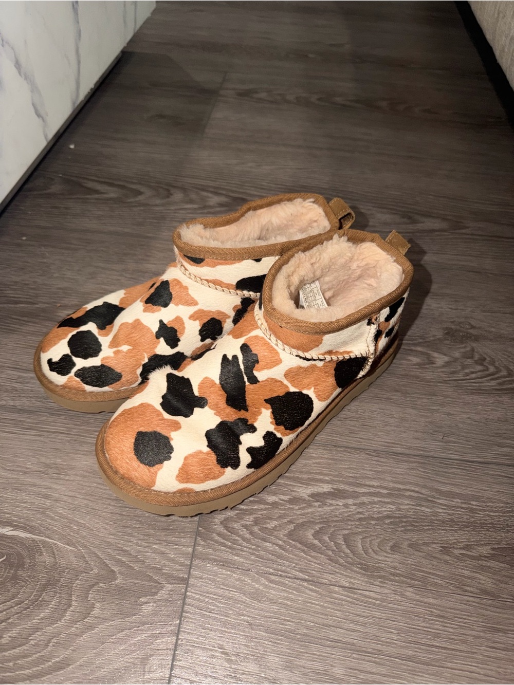 UGG Cow Print Shearling-Lined Ankle Booties - Brown/Black/Cream